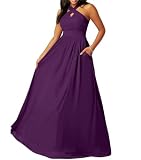 Caratteristiche: in chiffon, scollo a halter, plissettato, a linea A, lunghezza al pavimento, con tasche, Taglia Plus.