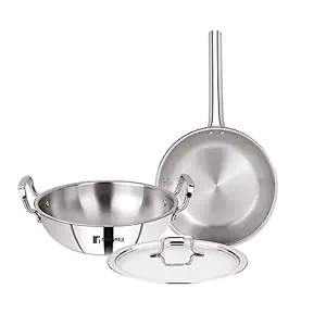 Bergner Tripro Triply Stainless Steel 3 Pc Cookware Set, 24 cm Indian Wok/Kadai with Lid, 24 cm Frypan Without Lid, Fast and Event Heating, Induction Bottom, Gas Ready, Silver