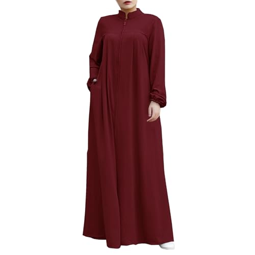 Image of Womens Abaya Muslim Long Sleeve Front Zipper Dress Prayer Islamic Clothes with Pockets