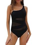 Blooming Jelly Women's Sexy One Piece Bathing Suits One Shoulder Swimsuits Slimming Mesh Swimwear (Medium, Black)