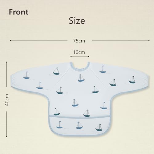 Image of Susurration Baby Long Sleeve Bib Waterproof Sleeved Bib Smock for Baby | 2 Pack Baby Reusable Feeding bibs, 6-36 Months Baby Feeding Essentials - Blue Boat