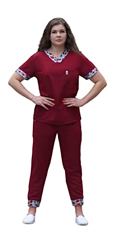 Rich Quality Products Medical Scrubs for Women and Men, 2 Pc. Set, Modern Jogger Pants, Kente Cloth Design, Stretch Fit (Red, Grey, Blue, Large)