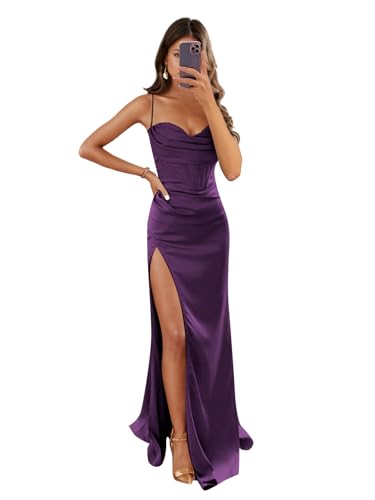 Image of Women's Mermaid Prom Dress with Slit Satin Bridesmaid Dresses Long Corset Evening Formal Party Gown