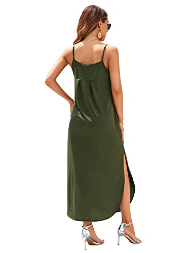 Image of HUSKARY Women's Summer Casual Sleeveless V Neck Strappy Split Loose Dress Beach Cover Up Long Cami Maxi Dresses with Pocket
