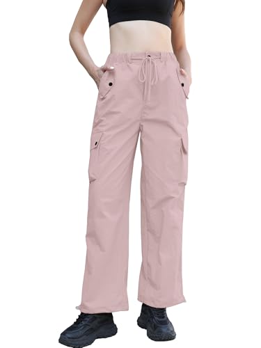 Image of Betusline Girls & Women's High Waist Wide Leg Cargo Pants Y2K Parachute Pants with Pockets and Drawstring 6 Years-Women 2XL