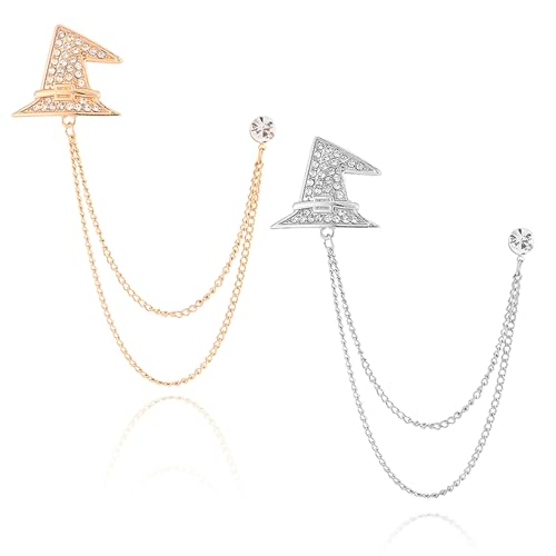 Image of 2PCS Crystal Hanging Chain Brooch Suit Pin for Men Women Vintage Crown Cross Star Diamond Broochs Gold and Silver Wedding Brooch for Clothes Dress Hats Bags Accessory