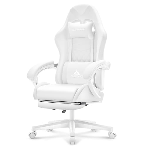 White Gaming Chair,Ergonomic Massage Computer Office Desk Chair with Footrest,Pocket Spring Cushion,Reclining Leather Adjustable Gamer Chair with Headrest and Lumbar Support,White