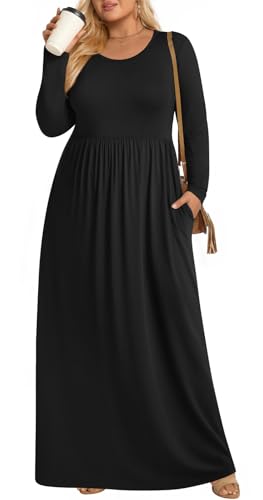 POPYOUNG Plus Size Maxi Dresses for Curvy Women Long Sleeves Casual Fall Long Dress with Pockets