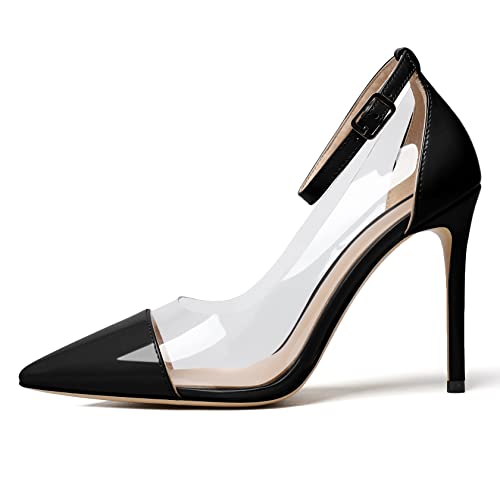 Soireelady Women's Clear Pumps Pointed Toe Ankle Buckle Stiletto Heel Dressy Wedding Shoes 4Inch2