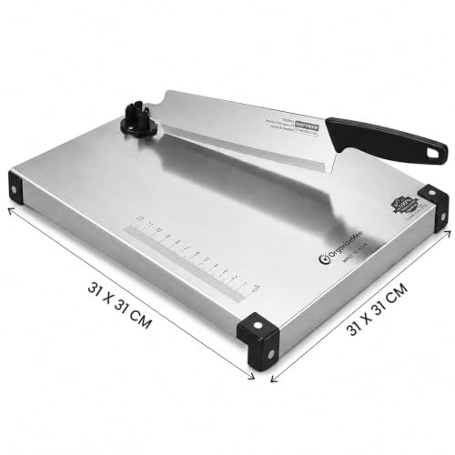 Image of Black Cut & Chop Stainless Steel Chopping Board with Knife | Rust Proof Chopping Board | Food Grade Steel Cutting Board | Heavy Duty Kitchen Cut and Chop Board with Rotary Knife Lock