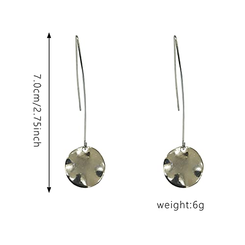 Gimefive Just Follow Shiny Hammering Circle Disc Small Dangle Drop Hanging Earrings Long Hoops Geometric Brushed Gold Round Filled Everyday Jewelry For Women And Girl (Long Design- Silver) #TOP3