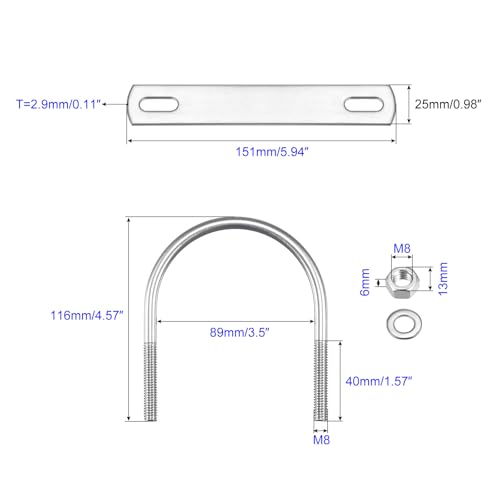 MACHSWON Round U-Bolt,2 Set 304 Stainless Steel M8 U Bolts 89mm(3.5") Inner Width 115mm Length with Nuts and Frame Plate for Automobiles Boat Trailer - Image 2