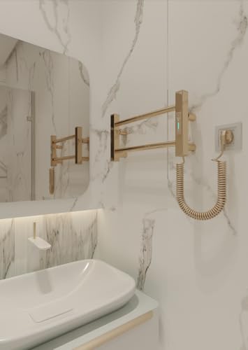Elna Gold Mini - Toallero eléctrico de 35 W, 205 x 530 mm, radiador compacto para baño, acero inoxidable, acabado dorado, con temporizador y termostato, IP44, montaje en pared para inodoro de