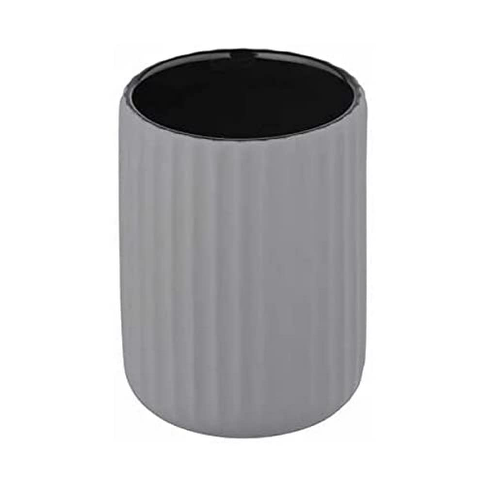 WENKOBelluno Toothbrush Holder for Toothbrush and Toothpaste Made of Elegant Ceramic with Modern Curves Ribbed Soft-Touch Surface in Matte Grey/Black Diameter 8 x 11 cm