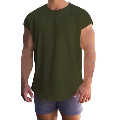 PETCDIM Mens Cap Sleeve Gym Tank Tops Bodybuilding Athletic Workout Muscle Cut Off T-Shirt Loose Fit Casual Summer Quick Dry Beach Undershirts Army Green