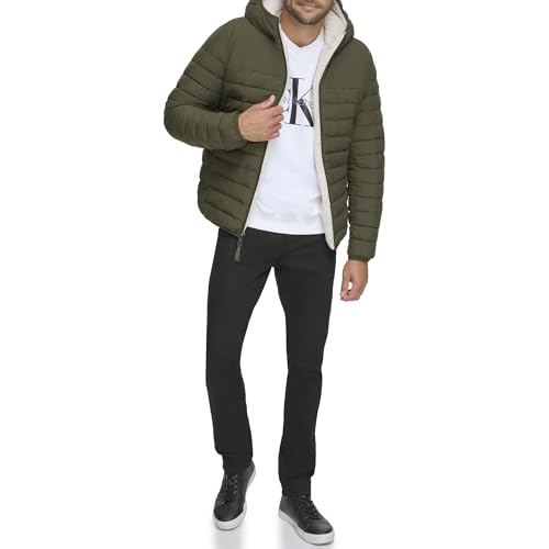 Image of Calvin Klein mens Lightweight Packable Down Jacket With Sherpa Lining