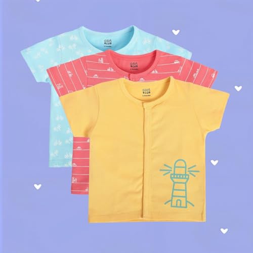 Image of miniklub Baby Round Neck Knitted Cotton Printed Front Open Vest, Pack of 3 (Multi Color)