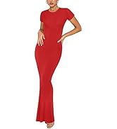 REORIA Women's Basic Summer Casual Lounge Long Dress Elegant Short Sleeve Crew Neck Bodycon Maxi ...