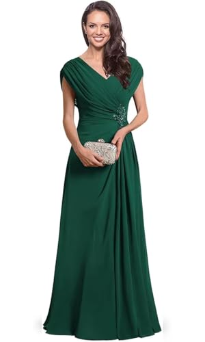 Chiffon Mother of The Bride Dresses for Wedding Long Ruched Cap Sleeve V Neck Formal Mother of The Groom Dress DD002