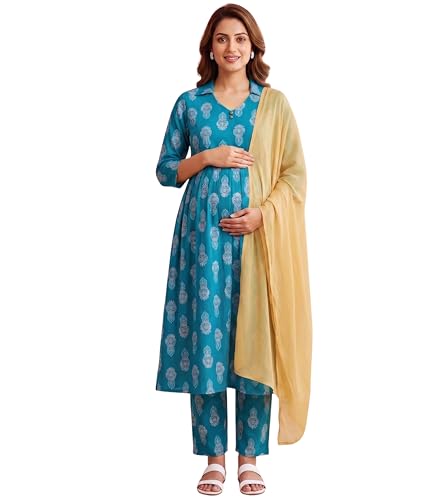 Image of DUMMY SHAPE Maternity Dresses for Women Cotton Rayon | Floral Kurta Pant Dupatta Set with Nursing Zippers to Pre & Post Partum | Feeding Kurtis | Mom to Be Gifts for Pregnant Woman