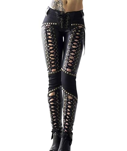 Pantalon rivets et lacets en similicuir style bandage patchwork noir