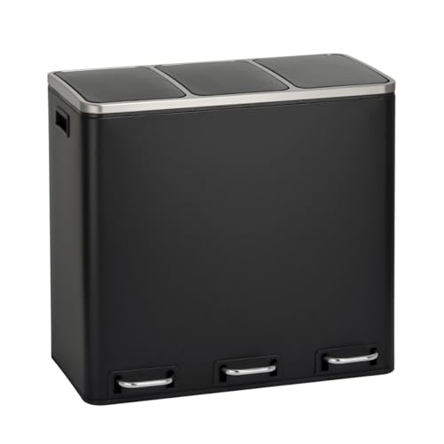 SVITA TM3X18 Mülleimer mit 3 Fächern Papierkorb 54L Treteimer Abfalleimer Recycling Mülltrennung 3 x 18 Liter pulverbeschichteter Stahl Schwarz mit Griffen