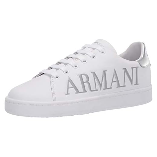 Emporio Armani Damen Emporio Logo Flat Sneaker, Weiß + Silber, 41 EU