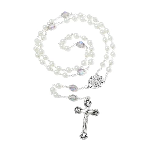 komi 6 mm pearl rosary beads with crucifix catholic necklace for women with velvet bag or rosary box