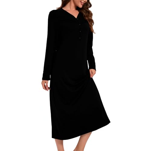 Xuepelit Nachthemd Damen Langarm Stillnachthemd Baumwolle Oversize Schlafshirt Lang Sexy Nachtwäsche Unterkleid Große Größe Für Frauen Pyjamas Kleid ，Schwarz XXL