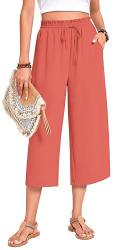 Image of Anyhold Women's Capri Pants Drawstring Casual Palazzo Trousers with Pockets Loose High Waisted Wide Leg Lounge Pants