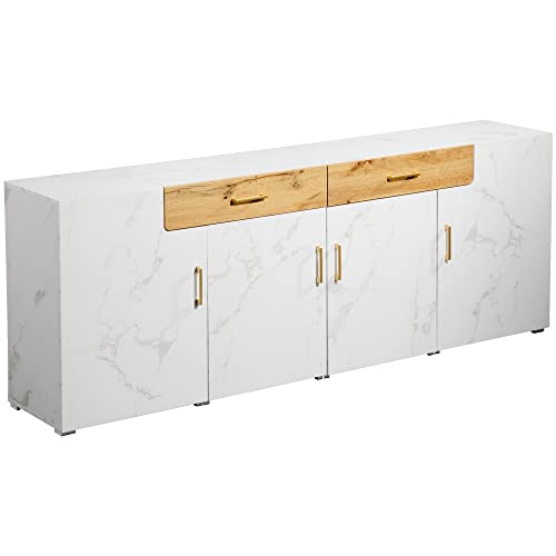 Azkoeesy Mueble de Cocina de 208cm de Largo, aparador, Mueble de TV, cómoda, 4 Puertas y 2 cajones, diseño con Estampado de mármol, Tiradores de Metal Dorado, para Comedor, salón, Cocina