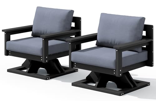 SERWALL Outdoor Swivel Chairs Set of 2, HDPE All-Weather Patio Swivel Sofas with Thick Cushions for Porch, Balcony, Black Frame with Gray Cushions