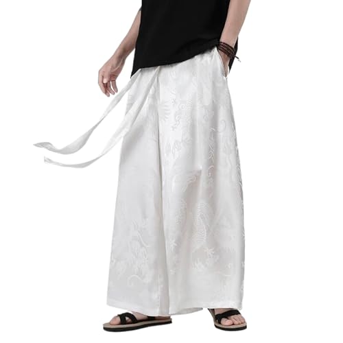Men Ice Silk Wide Leg Pants Solid Color Loose Joggers Elastic Waist Trousers Mens Vintage Casual Long Pants