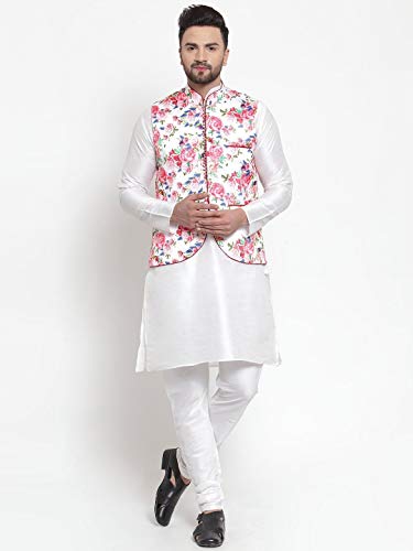 Elina fashion Men's Indian Raw Silk Kurta Pajama And Nehru Jacket (Waistcoat) || Ethnic Wedding Diwali Puja Set2