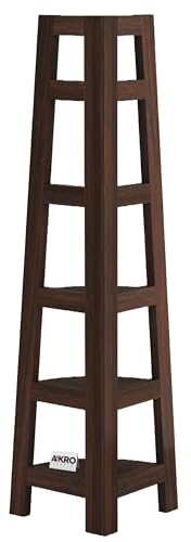 Image of Solid Sheesham Wood Corner Shelf 5 Tier Ladder Shelves Book Shelf Rack Wooden Bookcase Display Unit for Living Room Bedroom (Walnut Finish)