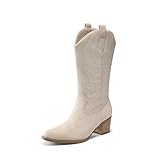 DREAM PAIRS Women's Square Toe Cowboy Cowgirl Boots Embroidered Mid Calf Western Boots Fashion Dress Low Chunky Heel Boots for Theme Party Country Concert,Size 6.5,Beige,DWUMMB2502