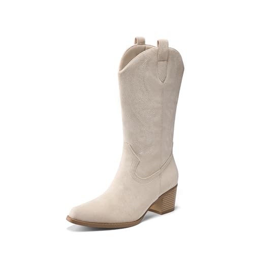 DREAM PAIRS Women's Square Toe Cowboy Mid Calf Western Boots 7 Beige