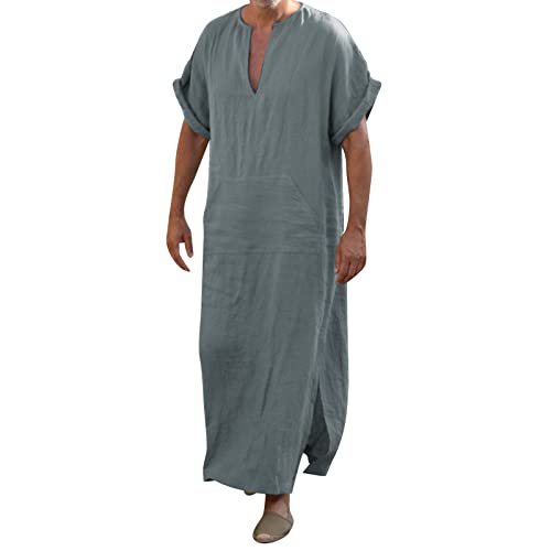 Beokeuioe Pijama de manga corta para hombre, camisón de algodón y lino, cuello en V, camisón con bolsillos, camisa de dormir para hombre, caftán, bata étnica, A3 Dark Grey, 3XL