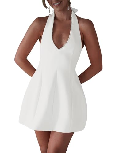 Seabinayed White Satin Civil Wedding Dresses for Bride Short Bridal Pearl Backless Mini Homecoming Dress Halter Bow A Line Prom Cocktail Gown Size 8