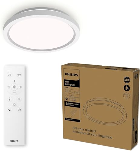 Philips LED Luz de techo con mando a distancia, redonda, 30 cm, regulable, luz blanca sintonizable, salón, dormitorio, sin parpadeo ni deslumbramiento, diseño moderno, blanco