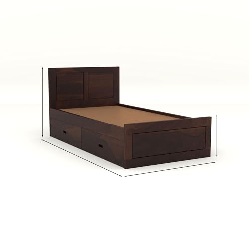 Image of Solid Sheesham Wood Single Size Bed with 2 Drawer Storage Wooden Single Cot Bed for Home Living Room Bedroom Guest Room Hotel (Walnut, Size 6 * 4)