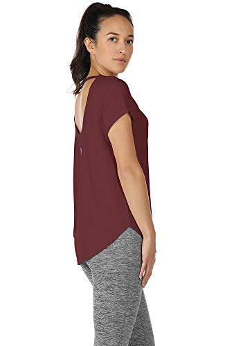 Icyzone Open Back Yoga Shirts For Women - Exercise Workout Tops, Athletic Short Sleeves, Running T-Shirts Loose Fit (M, Wine) #TOP3