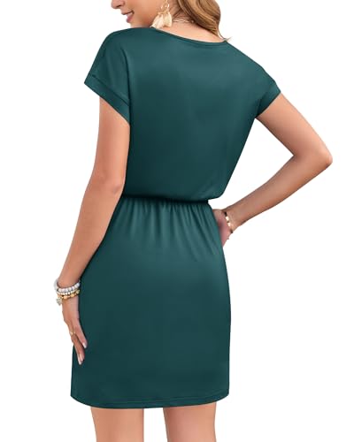 Image of AUSELILY Womens Summer Mini Dress, Short Sleeve V Neck Drawstring Casual | Soft smooth drape with an adjustable drawstring waist for beach, casual outings and daily wear