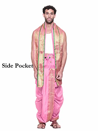 Image of Rameshwaram Fabrics Readymade Dhoti for Men, Velcro Style Stitched Mens Silk Dhoti Pant with Stole Set