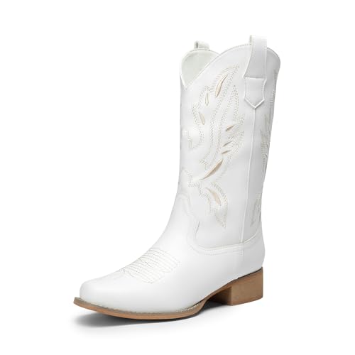 Image of DREAM PAIRS Women's Square Toe Cowboy Cowgirl Boots Pull On Low Chunky Heel Mid Calf Western Boots with Embroidered Stitched for Theme Party Country Concert