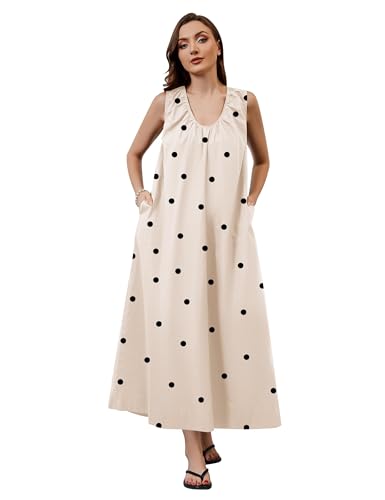 Image of OLAPTA Women Summer Sleeveless Maxi Dress Scoop Neck Ruched Loose Fit Casual Elegant Solid Vacation Long Dress with Pockets