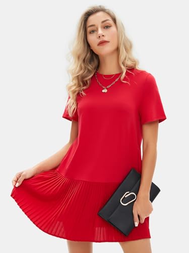 Image of EXLURA Womens Summer Casual Short Sleeve Dress Crewneck Tshirt Dresses Pleated Aline Mini Dress 2025 Vacation Beach Sundress