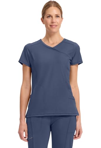 Cherokee Infinity Womens Mock Wrap Scrub Top, 4 Pockets, Rib-Knit Panel, Moisture-Wicking 360° Stretch - 2625A, S, Navy