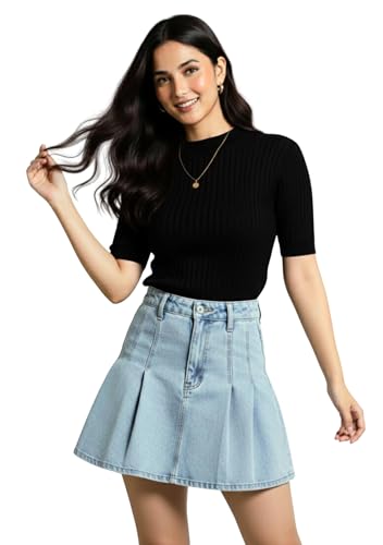 Image of Women Ribbed Knit Top | Solid Slim Fit Half Sleeve Top for Women | Stretchable Casual & Office Wear T-Shirt