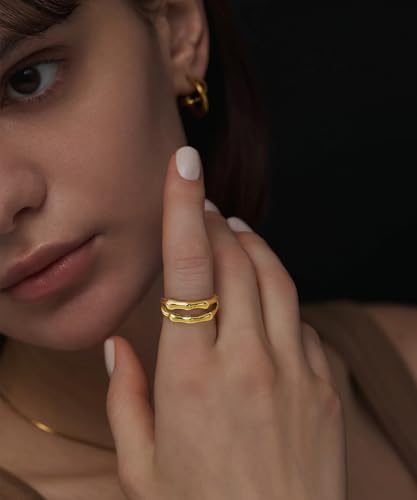 18K Gold Plated Stainless Steel Bamboo Double Band Ring for Women – Stackable Dainty or Chunky Non-Tarnish Jewelry Gift for Wedding, Anniversary, Everyday Wear Size 6 7 82
